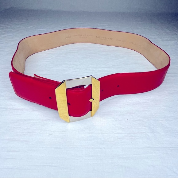 Liz Claiborne pop of red leather belt w/two-toned rectangular buckle - Picture 1 of 13